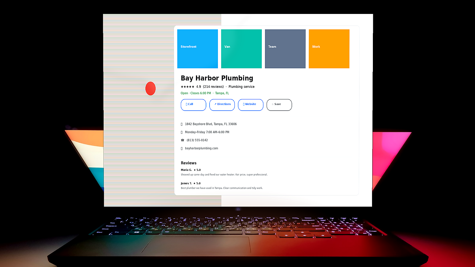 Laptop showing a Google Business Profile with ratings, reviews, and Call and Directions buttons