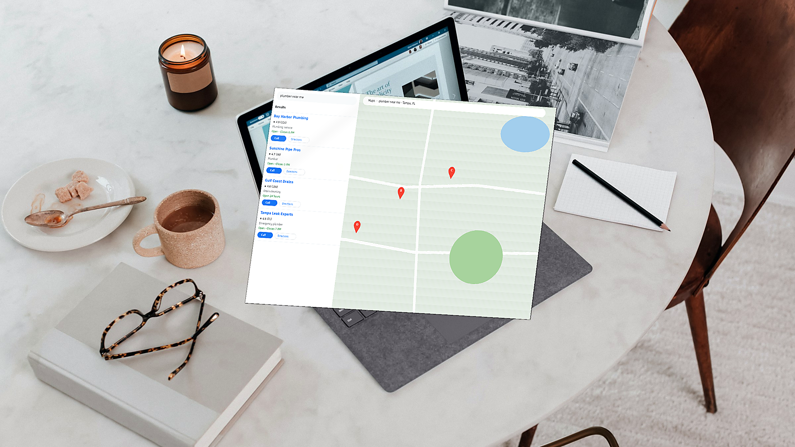 Laptop showing Google Maps and local business search results