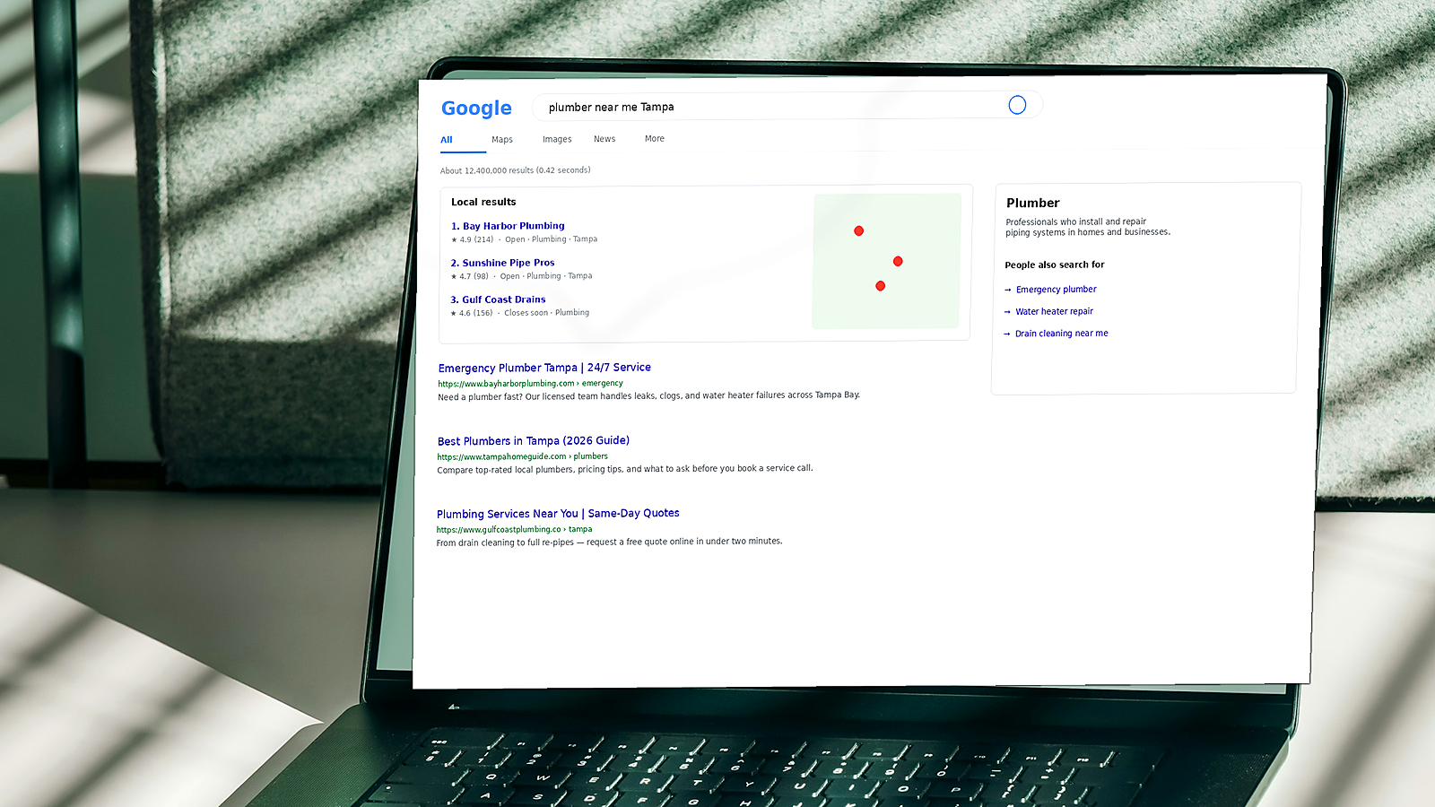 Laptop on a desk showing Google-style search results for a local business query